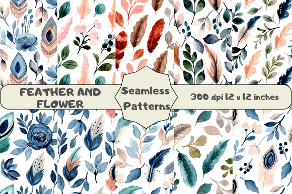 Watercolor Flower and Feather Patterns: A Versatile Digital Design Resource